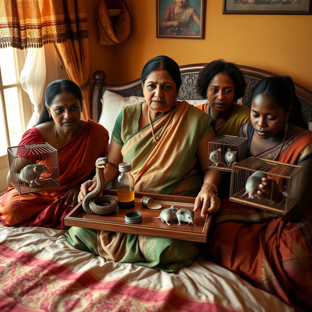 A concerned Indian woman seated on a very large bed, holding a tray that features a small, intricately designed snake statue, a bottle of oil, and a hollow wide plastic tube