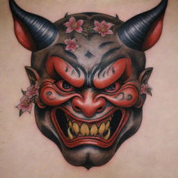 A traditional Japanese tattoo showing a fierce Oni mask, with glaring eyes and fanged mouth. Around it are sakura blossoms, illustrating a harmony of ferocity and beauty. The style showcases rich colors, strong black outlines, and intricate detail associated with Irezumi.