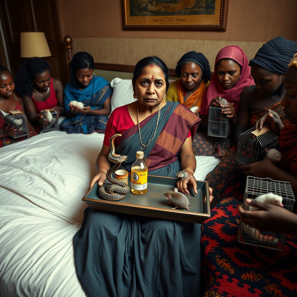 A concerned Indian woman sitting on a very large bed, holding a tray that features a small, intricately designed snake statue, a bottle of oil, and a hollow wide plastic tube