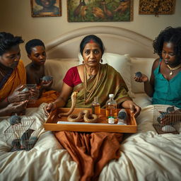 A concerned Indian woman sitting on a very large bed, holding a tray that features a small, intricately designed snake statue, a bottle of oil, and a hollow wide plastic tube