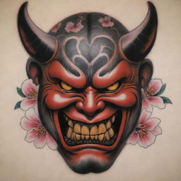 A traditional Japanese tattoo showing a fierce Oni mask, with glaring eyes and fanged mouth. Around it are sakura blossoms, illustrating a harmony of ferocity and beauty. The style showcases rich colors, strong black outlines, and intricate detail associated with Irezumi.