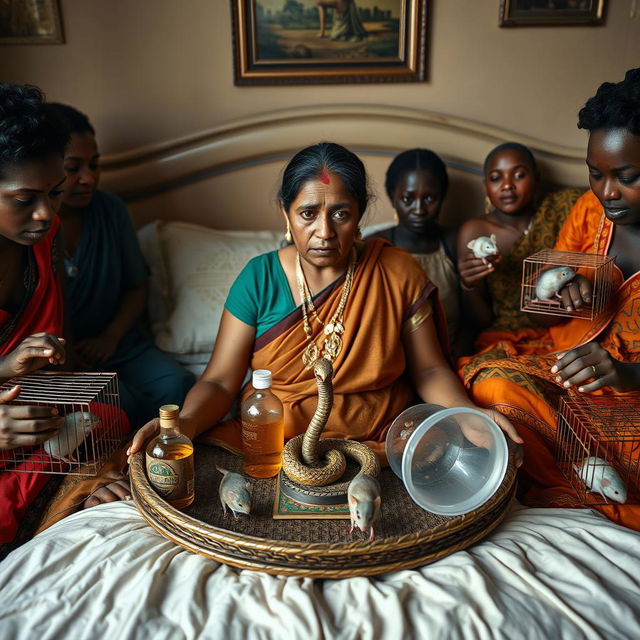 A concerned Indian woman sitting on a very large bed, holding a tray that features a small, intricately designed snake statue, a bottle of oil, and a hollow wide plastic tube