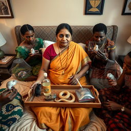 A concerned Indian woman sitting on a very large bed, holding a tray that features a small, intricately designed snake statue, a bottle of oil, and a hollow wide plastic tube