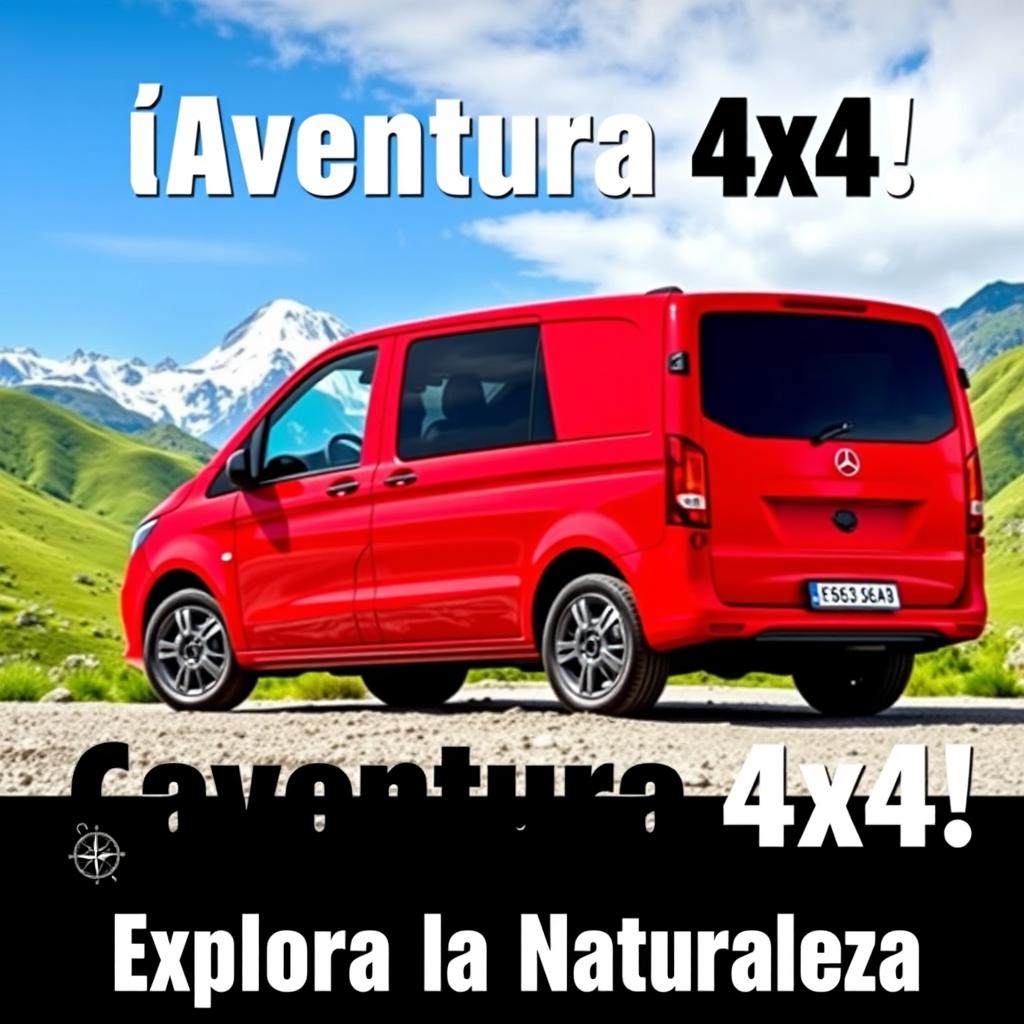 A stunning YouTube thumbnail featuring a vibrant red Mercedes Vito 4x4 prominently displayed against a beautiful mountainous backdrop, either showcasing snow-capped peaks or lush green hills to emphasize adventure