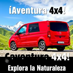 A stunning YouTube thumbnail featuring a vibrant red Mercedes Vito 4x4 prominently displayed against a beautiful mountainous backdrop, either showcasing snow-capped peaks or lush green hills to emphasize adventure