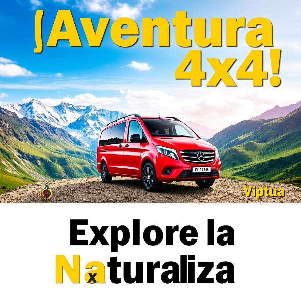 A stunning YouTube thumbnail featuring a vibrant red Mercedes Vito 4x4 prominently displayed against a beautiful mountainous backdrop, either showcasing snow-capped peaks or lush green hills to emphasize adventure