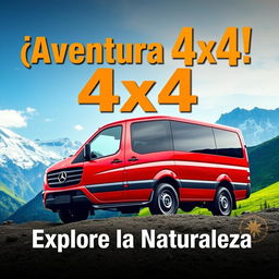 A stunning YouTube thumbnail featuring a vibrant red Mercedes Vito 4x4 prominently displayed against a beautiful mountainous backdrop, either showcasing snow-capped peaks or lush green hills to emphasize adventure