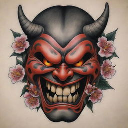 A traditional Japanese tattoo showing a fierce Oni mask, with glaring eyes and fanged mouth. Around it are sakura blossoms, illustrating a harmony of ferocity and beauty. The style showcases rich colors, strong black outlines, and intricate detail associated with Irezumi.