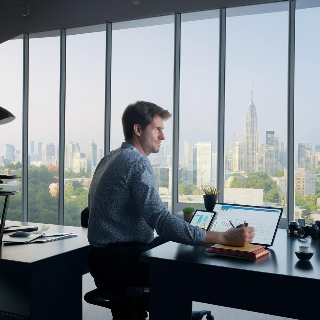 A successful businessman in a modern office, looking confident and content, surrounded by high-tech gadgets, with city skyline views through large windows.