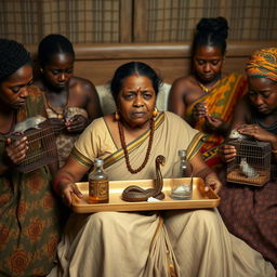 A concerned, crying Indian woman sitting on a very large bed, holding a tray that features a small, intricately designed snake statue, a bottle of oil, and a hollow wide plastic tube