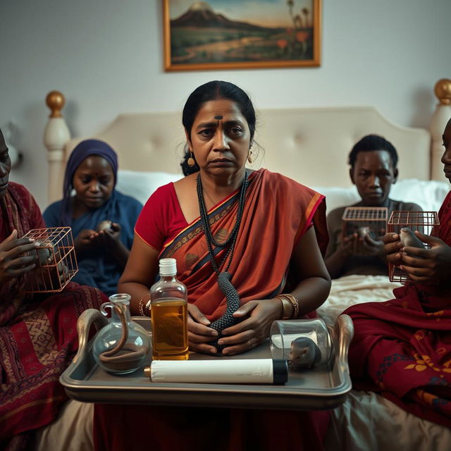 A concerned, crying Indian woman sitting on a very large bed, holding a tray that features a small, intricately designed snake statue, a bottle of oil, and a hollow wide plastic tube