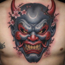 A detailed, traditional Japanese Oni mask tattoo. The Oni is fierce with bulging eyes, horned forehead, and snarling mouth; surrounded by cherry blossoms signifying beauty and the ephemeral nature of life. The design embodies Irezumi detail, depth, and contrast.