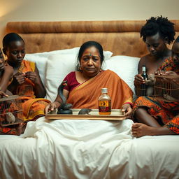 A concerned, crying Indian woman sitting on a very large bed, holding a tray that features a small, intricately designed snake statue, a bottle of oil, and a hollow wide plastic tube