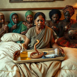 A concerned, crying Indian woman sitting on a very large bed, holding a tray that features a small, intricately designed snake statue, a bottle of oil, and a hollow wide plastic tube