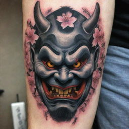 A detailed, traditional Japanese Oni mask tattoo. The Oni is fierce with bulging eyes, horned forehead, and snarling mouth; surrounded by cherry blossoms signifying beauty and the ephemeral nature of life. The design embodies Irezumi detail, depth, and contrast.