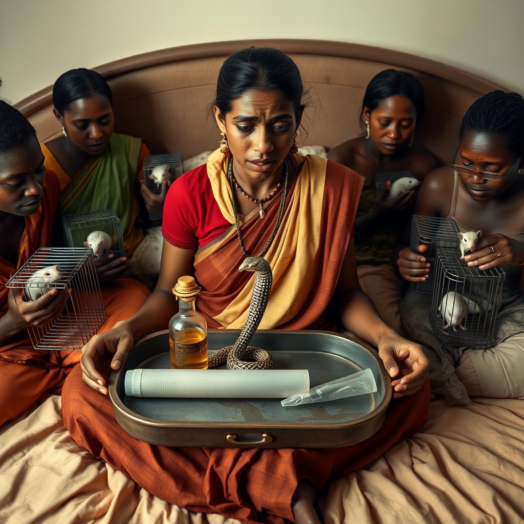 A concerned, crying young Indian lady sitting on a very large bed, holding a tray featuring a small, intricately designed snake statue, a bottle of oil, and a hollow wide plastic tube