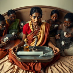 A concerned, crying young Indian lady sitting on a very large bed, holding a tray featuring a small, intricately designed snake statue, a bottle of oil, and a hollow wide plastic tube