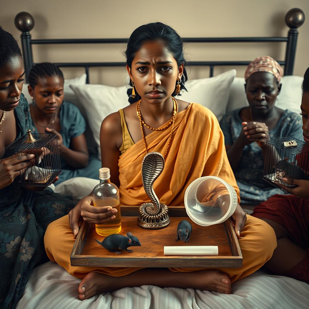 A concerned, crying young Indian lady sitting on a very large bed, holding a tray featuring a small, intricately designed snake statue, a bottle of oil, and a hollow wide plastic tube