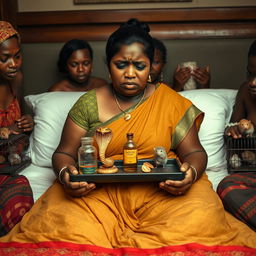 A concerned, crying young plump Indian woman sitting on a very large bed, holding a tray that features a small, intricately designed snake statue, a bottle of oil, and a hollow wide plastic tube