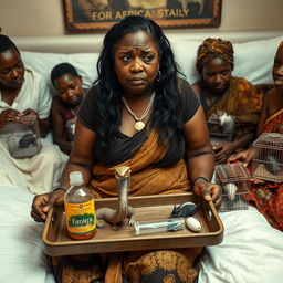 A concerned, crying young plump Indian woman sitting on a very large bed, holding a tray that features a small, intricately designed snake statue, a bottle of oil, and a hollow wide plastic tube