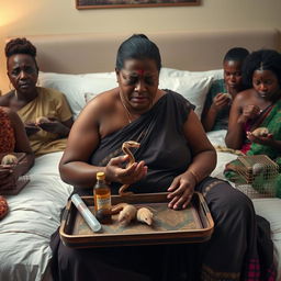 A concerned, crying young plump Indian woman sitting on a very large bed, holding a tray that features a small, intricately designed snake statue, a bottle of oil, and a hollow wide plastic tube