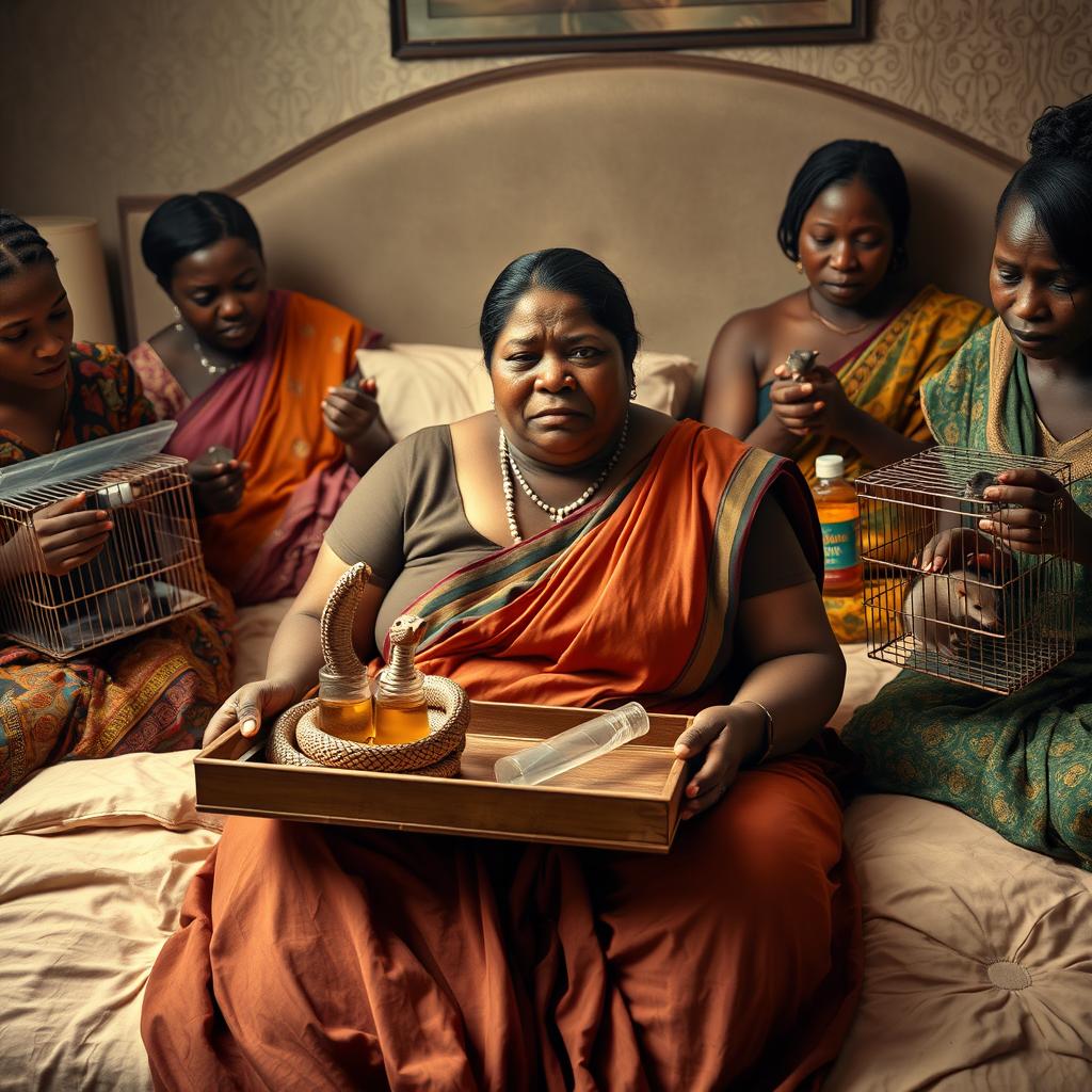 A concerned, crying young plump Indian woman sitting on a very large bed, holding a tray that features a small, intricately designed snake statue, a bottle of oil, and a hollow wide plastic tube