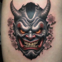 A detailed, traditional Japanese Oni mask tattoo. The Oni is fierce with bulging eyes, horned forehead, and snarling mouth; surrounded by cherry blossoms signifying beauty and the ephemeral nature of life. The design embodies Irezumi detail, depth, and contrast.