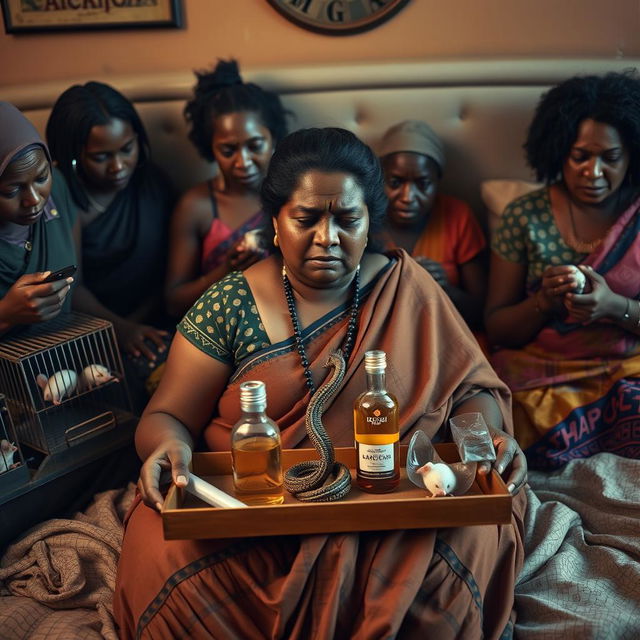 A concerned, crying young plump Indian lady sitting on a very large bed, holding a tray that features a small, intricately designed snake statue, a bottle of oil, and a hollow wide plastic tube