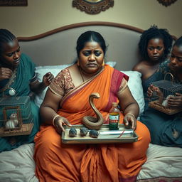 A concerned, crying young plump Indian lady sitting on a very large bed, holding a tray that features a small, intricately designed snake statue, a bottle of oil, and a hollow wide plastic tube