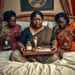 A concerned, crying young plump Indian lady sitting on a very large bed, holding a tray that features a small, intricately designed snake statue, a bottle of oil, and a hollow wide plastic tube