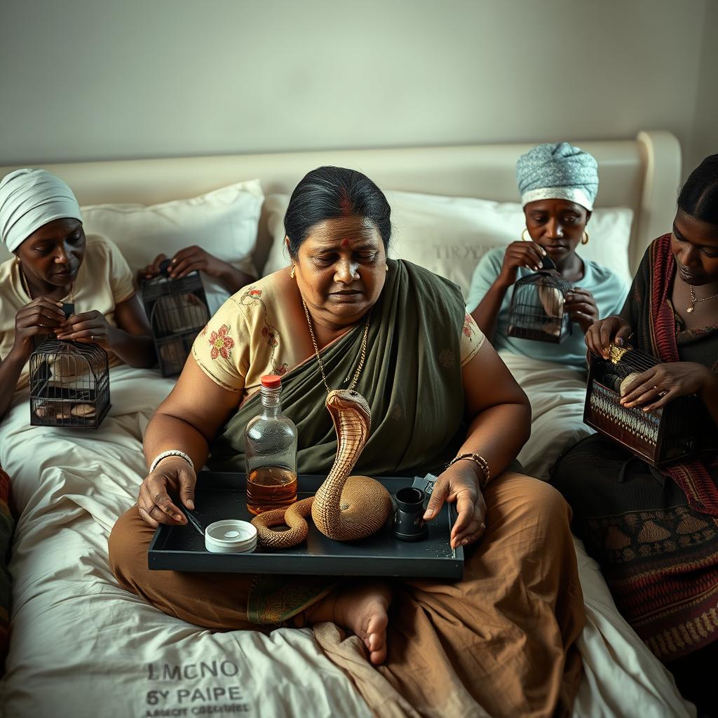 A concerned, crying young plump Indian lady with visible cuts and bruises sitting on a very large bed, holding a tray that features a small intricately designed snake statue, a bottle of oil, and a hollow wide plastic tube