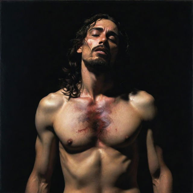 Caravaggio-style depiction of Christ displaying his wounds to the Mayans, with dramatic, high-contrast lighting emphasizing emotional intensity of the scene and the divine figure of Christ.