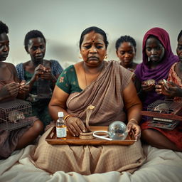 A concerned, crying young plump Indian lady with visible cuts and bruises sitting on a very large bed, holding a tray that features a small intricately designed snake statue, a bottle of oil, and a hollow wide plastic tube