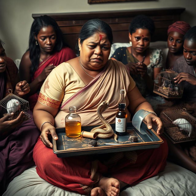 A concerned, crying young plump Indian lady with visible cuts and bruises sitting on a very large bed, holding a tray that features a small intricately designed snake statue, a bottle of oil, and a hollow wide plastic tube