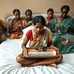 A concerned, crying young Indian lady with visible cuts and bruises sitting on a very large bed, holding a tray that features a small, intricately designed snake statue, a bottle of oil, and a hollow wide plastic tube