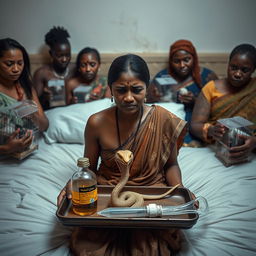 A concerned, crying young Indian lady with visible cuts and bruises sitting on a very large bed, holding a tray that features a small, intricately designed snake statue, a bottle of oil, and a hollow wide plastic tube