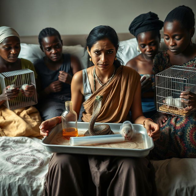 A concerned, crying young Indian lady with visible cuts and bruises sitting on a very large bed, holding a tray that features a small, intricately designed snake statue, a bottle of oil, and a hollow wide plastic tube