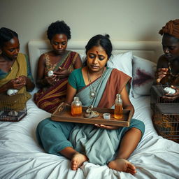 A concerned, crying young Indian lady with visible cuts and bruises sitting on a very large bed, holding a tray that features a small, intricately designed snake statue, a bottle of oil, and a hollow wide plastic tube