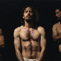 Caravaggio-style depiction of Christ displaying his wounds to the Mayans, with dramatic, high-contrast lighting emphasizing emotional intensity of the scene and the divine figure of Christ.