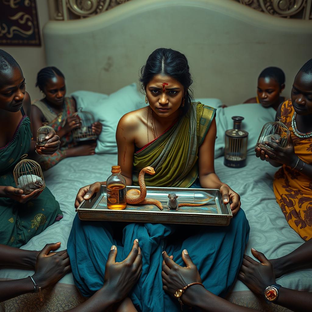 A concerned, crying young Indian lady with visible cuts and bruises sitting on a very large bed, holding a tray that features a small, intricately designed snake statue, a bottle of oil, and a hollow wide plastic tube