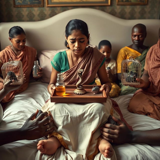 A concerned, crying young Indian lady with visible cuts and bruises sitting on a very large bed, holding a tray that features a small, intricately designed snake statue, a bottle of oil, and a hollow wide plastic tube