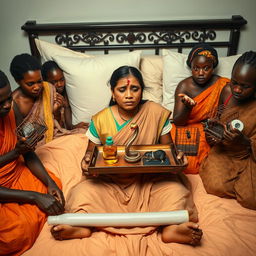 A concerned, crying young Indian lady with visible cuts and bruises sitting on a very large bed, holding a tray that features a small, intricately designed snake statue, a bottle of oil, and a hollow wide plastic tube