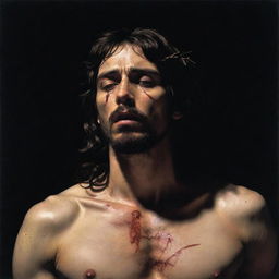 Caravaggio-style depiction of Christ displaying his wounds to the Mayans, with dramatic, high-contrast lighting emphasizing emotional intensity of the scene and the divine figure of Christ.