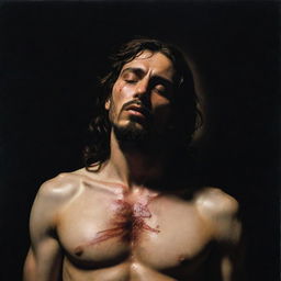 Caravaggio-style depiction of Christ displaying his wounds to the Mayans, with dramatic, high-contrast lighting emphasizing emotional intensity of the scene and the divine figure of Christ.