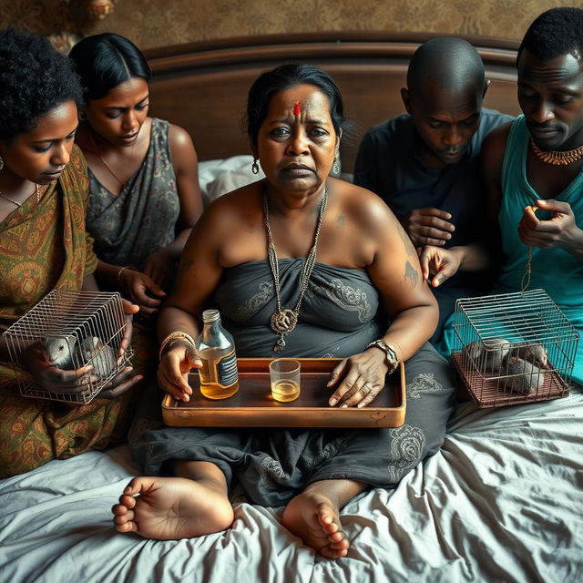 A concerned, crying plump young Indian lady with visible cuts and bruises sitting on a very large bed, holding a tray that features a small intricately designed snake statue, a bottle of oil, and a hollow wide plastic tube