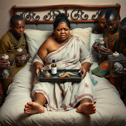 A concerned, crying plump young Indian lady with visible cuts and bruises sitting on a very large bed, holding a tray that features a small intricately designed snake statue, a bottle of oil, and a hollow wide plastic tube