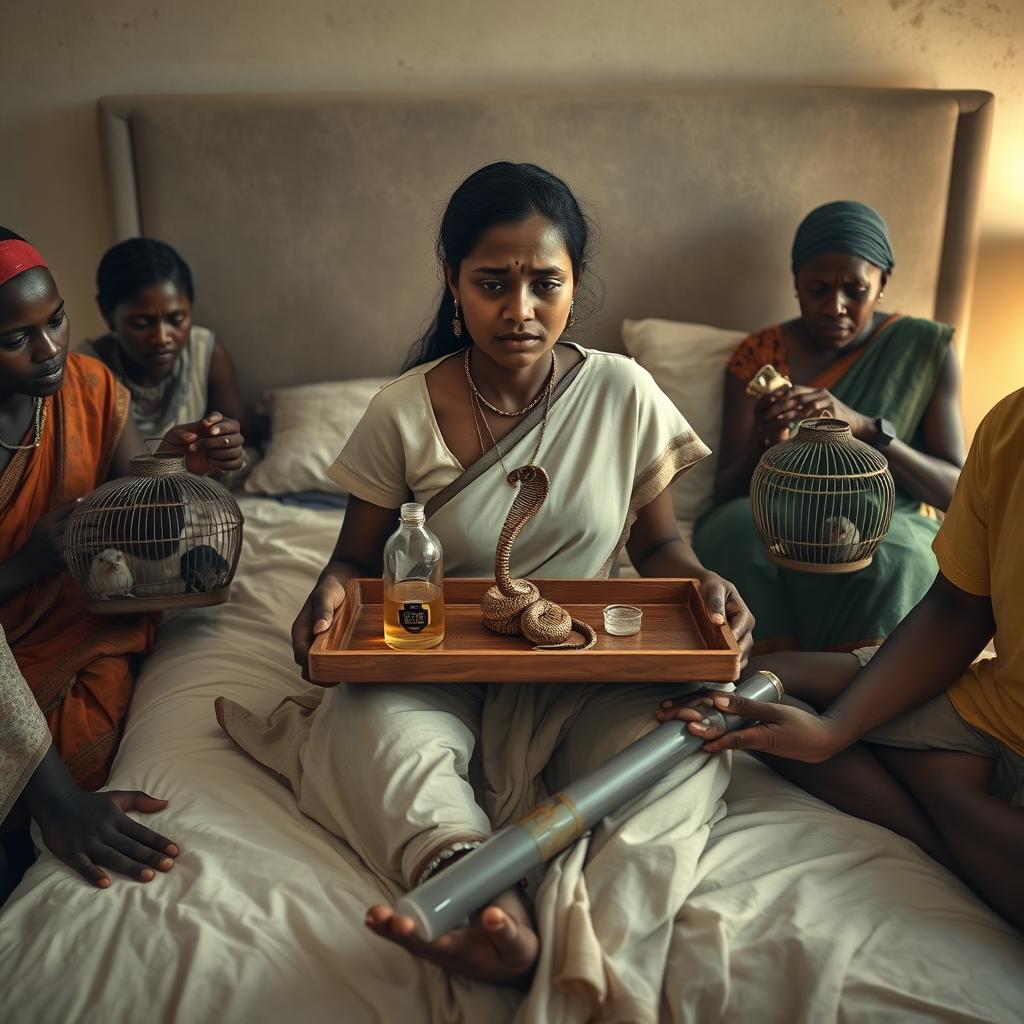 A concerned, crying young Indian lady with visible cuts and bruises sitting on a very large bed, holding a tray that features a small, intricately designed snake statue, a bottle of oil, and a hollow wide plastic tube