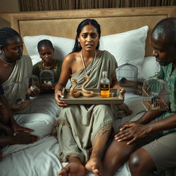 A concerned, crying young Indian lady with visible cuts and bruises sitting on a very large bed, holding a tray that features a small, intricately designed snake statue, a bottle of oil, and a hollow wide plastic tube