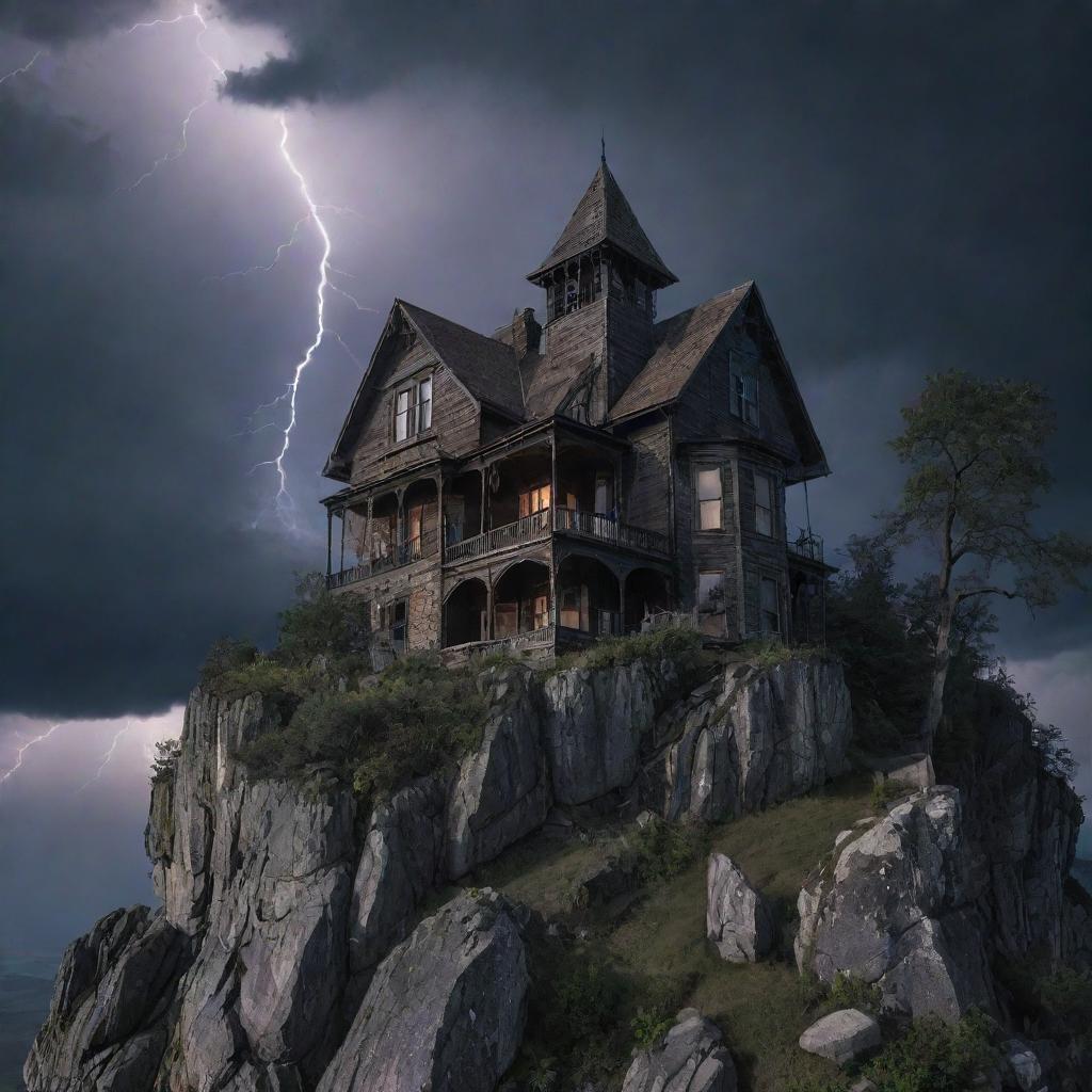 The visual representation of a macabre scene: a haunted house perched on a cliff, under a stormy night sky, illuminated by spectacular lightning strikes, surrounded by phantom woods, filled with the eerie whisperings of the unseen. Ghostly figures lurk in its windows.