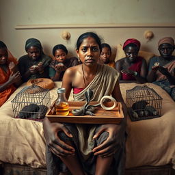 A concerned, crying young Indian lady with visible cuts and bruises sitting on a very large bed, holding a tray that features a small, intricately designed snake statue, a bottle of oil, and a hollow wide plastic tube